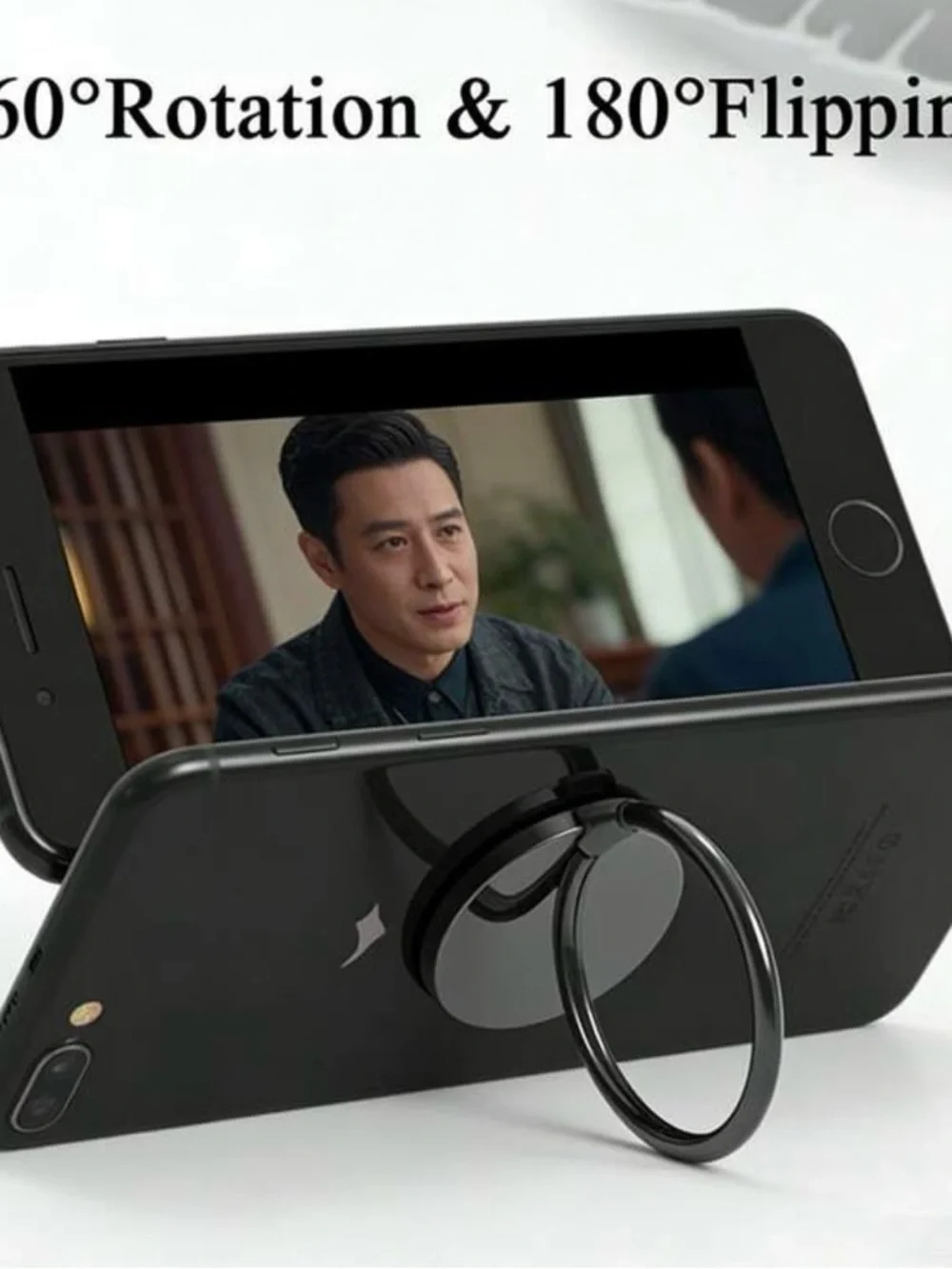 Black Rotating Phone Ring Stand with Kickstand Function